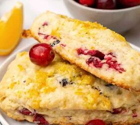 easy lemon shortbread cookies, Cranberry scones with orange slices on a plate
