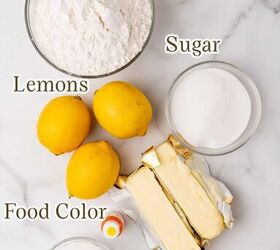 easy lemon shortbread cookies, Flour sugar butter food coloring and lemons for lemon shortbread cookies with text overlay