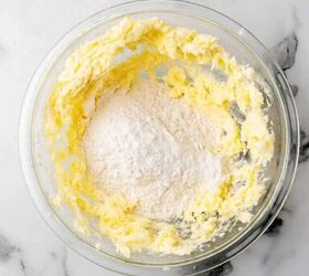 easy lemon shortbread cookies, Flour in a bowl with creamed butter