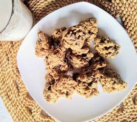 homemade vegan oatmeal date cookies gluten free, oatmeal date cookies on a white plate next to a glass of soy milk