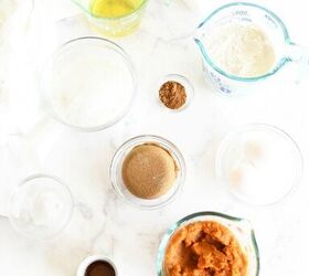 best jumbo pumpkin muffins recipe bakery style, Pumpkin Muffins ingredients in glass bowls on a white table