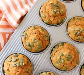 greek yogurt pumpkin muffins, Pumpkin muffins with pepitas in a silver muffin tin