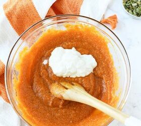 greek yogurt pumpkin muffins, Yogurt in pumpkin batter in a glass bowl