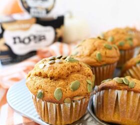 greek yogurt pumpkin muffins, Pumpkin muffins on silver tin with seeds on them