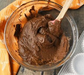 2 ingredient chocolate pumpkin muffins, mixed chocolate and pumpkin batter in a glass bowl