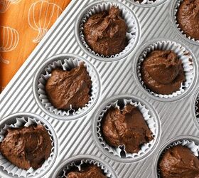 2 ingredient chocolate pumpkin muffins, cake mix in a silver muffin tin