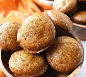 pumpkin pie filling muffins, Pumpkin pie filling muffins in a wooden bowl up close