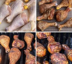 the best smoked chicken legs, 4 photos of chicken drumsticks being coated in spice rub resting at room temperature smoked and grilled to crisp the skin