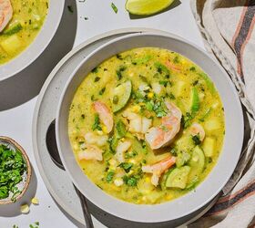 summer shrimp zucchini and corn chowder, bowl of shrimp zucchini corn chowder topped with fresh cliantro