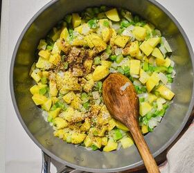 summer shrimp zucchini and corn chowder, saut d onion garlic celery and jalapenos in a pot