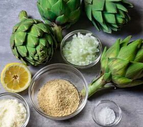 stuffed artichokes made sicilian style, Ingredients for stuffed artichokes set on a concrete slab