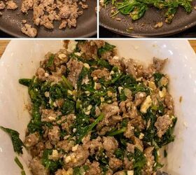 amazing chicken rollatini with spinach and sausage stuffing, 3 photos of sausage in a skillet spinach in a skillet and the two combined in a bowl with feta