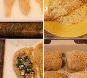 amazing chicken rollatini with spinach and sausage stuffing, 4 photos of chicken cutlets breaded cutlets cutlet with filling on it and 4 rollatini in a baking dish