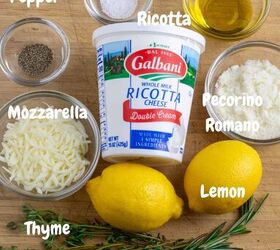 baked ricotta easy italian appetizer, Ingredients for making a baked ricotta with labels on each ingredient