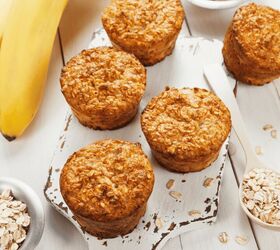 banana oatmeal muffins easy banana oatmeal muffin recipe, Banana Oatmeal Muffins on a white wooden cutting board