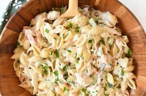 This crab pasta salad is made with creamy Italian dressing and has flavor and flair