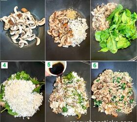 easy spinach mushroom rice recipe vegan friendly, steps 123456