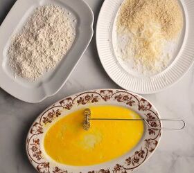 parmesan crusted chicken with caesar salad, Three dredging plates flour egg and panko parmesan