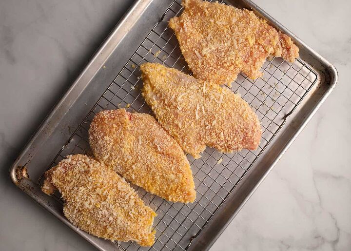 parmesan crusted chicken with caesar salad, After dredging the chicken let it rest about 30 minutes on a wire rack