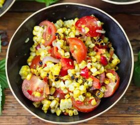 corn and tomato salad recipe vibrant summer salad, Overhead image of Corn and Tomato Salad in a black bowl