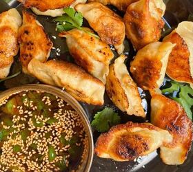 sticky baked asian chicken wings fall off the bone, pan fried dumplings