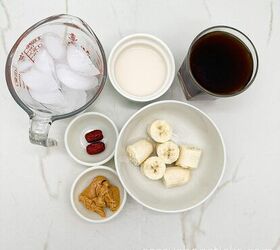 coffee banana peanut butter smoothie with dates, ingredients