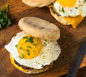 copycat sausage mcmuffin recipe english muffin sandwich, Overhead image of two Copycat Sausage McMuffin Sandwiches