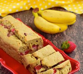 strawberry banana bread recipe easy quick bread recipe, Strawberry Banana Bread sliced on a red platter