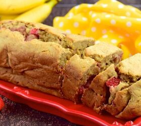 strawberry banana bread recipe easy quick bread recipe, Close up image of Strawberry Banana Bread on a red serving tray