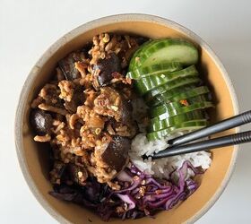 thai pork and aubergine mince rice bowl