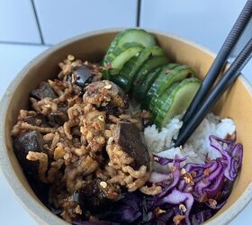 thai pork and aubergine mince rice bowl