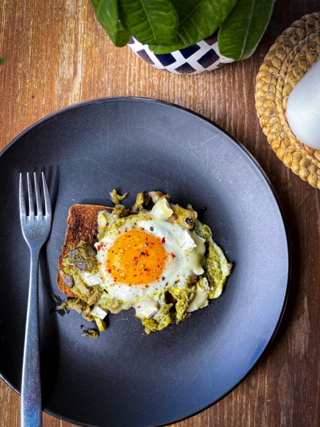 green pesto and brie eggs on toast