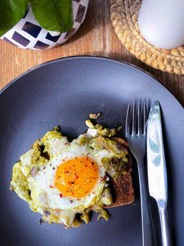 green pesto and brie eggs on toast