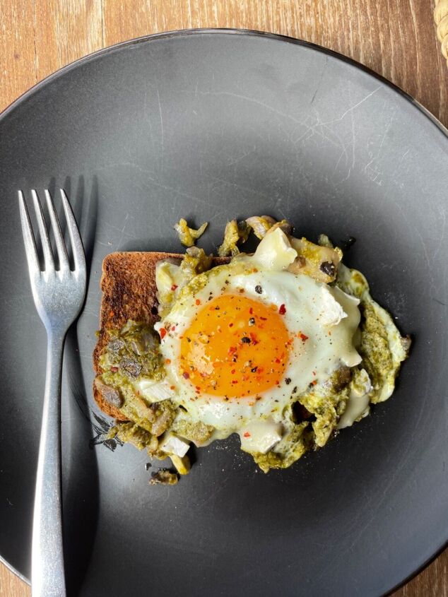 green pesto and brie eggs on toast