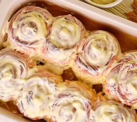 pumpkin cinnamon rolls pumpkin spice cinnamon roll recipe, Overhead image of pumpkin cinnamon rolls in a baking dish