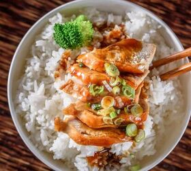 slow cooker chicken teriyaki recipe easy chicken teriyaki, Overhead image of Slow Cooker Chicken Teriyaki in a white bowl with cooked rice