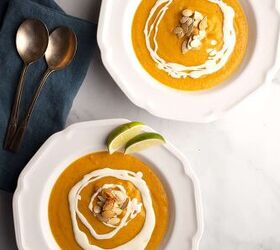 southwest pumpkin soup, horizontal photo of two servings of Southwest Pumpkin Soup