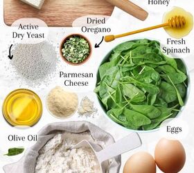 cheese bread recipe with spinach pesto, An image displaying all ingredients required to back a cheese bread with spinach feta and garlic