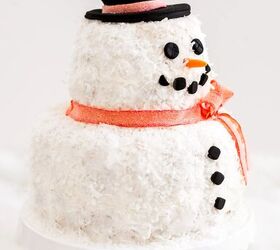 how to make a frosty snowman coconut bundt cake, side view of snowman bundt cake