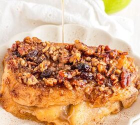 apple french toast casserole, Apple French Toast casserole being topped with maple Syrup