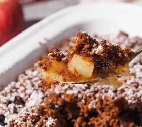 3 ingredient apple crisp with biscoff cookies, Apple crisp being scooped out of the baking dish