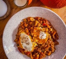 chorizo and bean one pot with poached eggs
