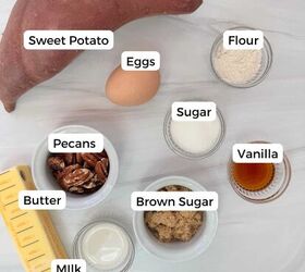 gluten free sweet potato casserole, Ingredients include sweet potatoes flour eggs sugar vanilla pecans butter milk and brown sugar