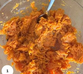 gluten free sweet potato casserole, Mashing the sweet potatoes in a bowl