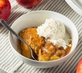 apple cobbler recipe old fashioned apple cobbler, A white bowl full of Apple Cobbler and a scoop of vanilla ice cream