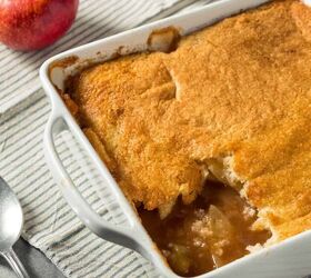 apple cobbler recipe old fashioned apple cobbler, Overhead image of Apple Cobbler in a white dish with a serving taken out of it