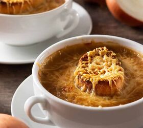 slow cooker french onion soup recipe flavorful crock pot soup, Two white bowls with handles full of Slow Cooker French Onion Soup