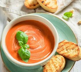 creamy tomato soup recipe instant pot creamy tomato soup, Overhead image of Creamy Tomato Soup in a bowl with toasted bread