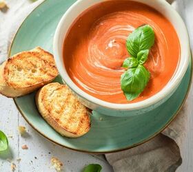 creamy tomato soup recipe instant pot creamy tomato soup, Creamy tomato soup in a white bowl on a seafoam plate with toasted baguettes