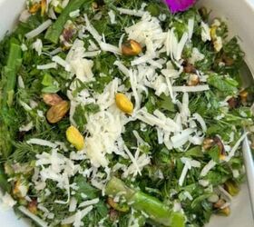 gluten free corn casserole, Cold asparagus salad with lemon herbs cheese and nuts in a white bowl